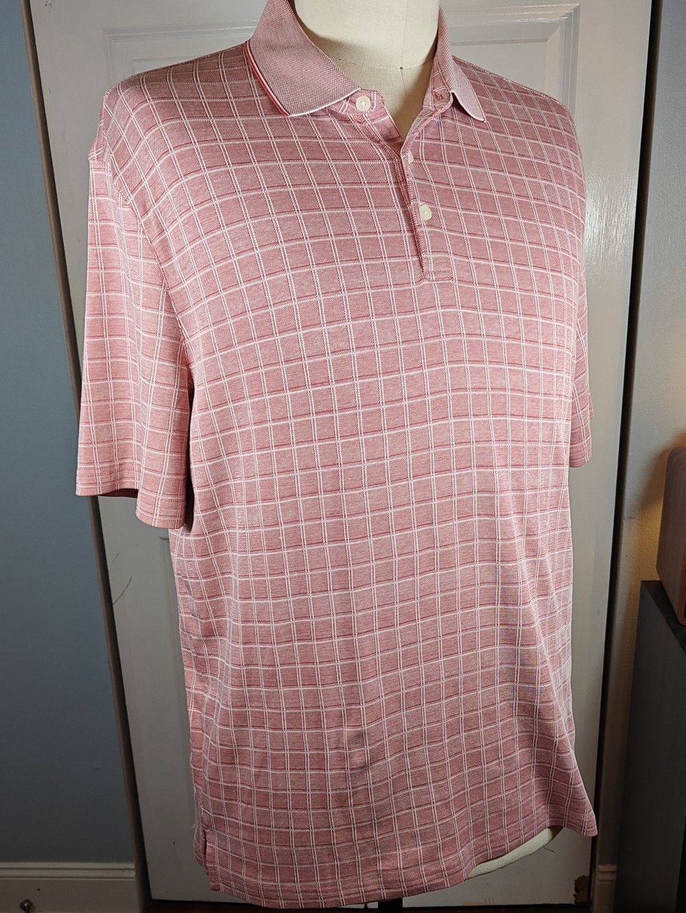 Jos. A. Bank Men's Light Red Windowpane Short Sleeve Polo Shirt XL